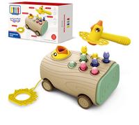WOOPIE gioco 3 in 1 con abilità, legno e vermicelli - carrellino da trascinare, gioco da martellare e carrello trainabile per bebè