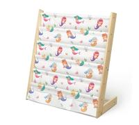 wooshwa Bücherregal Kinder für Kinderzimmer Kinderregal Regal Kleines Bücherregal mit 5 Regale & 3 Tasche, Montessori Bücher-Organizer aus Kiefer & Polyester-Segeltuch Stoff (Bunte Meerjungfrau)