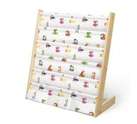 wooshwa Bücherregal Kinder für Kinderzimmer Kinderregal Regal Kleines Bücherregal mit 5 Regale & 3 Tasche, Montessori Bücher-Organizer aus Kiefer & Polyester-Segeltuch Stoff (Tier Nummer)