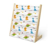 wooshwa Bücherregal Kinder für Kinderzimmer Kinderregal Regal Kleines Bücherregal mit 5 Regale & 3 Tasche, Montessori Bücher-Organizer aus Kiefer & Polyester-Segeltuch Stoff (Niedlicher Dinosaurier)