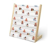 wooshwa Bücherregal Kinder für Kinderzimmer Kinderregal Regal Kleines Bücherregal mit 5 Regale & 3 Tasche, Montessori Bücher-Organizer aus Kiefer & Polyester-Segeltuch Stoff (Fachleute Weiß)