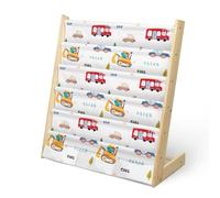 wooshwa Bücherregal Kinder für Kinderzimmer Kinderregal Regal Kleines Bücherregal mit 5 Regale & 3 Tasche, Montessori Bücher-Organizer aus Kiefer und Polyester-Segeltuch Stoff (Fahrzeug Weiß)