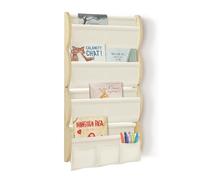 wooshwa Libreria Montessoriana per Bambini da Parete 4 Ripiani e 3 Tasche Porta Libri Bambini Scaffale Salvaspazio Legno 81x43x8cm - Beige