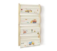 wooshwa Libreria Montessoriana per Bambini da Parete 4 Ripiani e 3 Tasche Porta Libri Bambini Scaffale Salvaspazio Legno 81x43x8cm - Escavatore