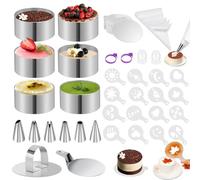 WOOWAIR 134 Pezzi Coppapasta Set, 6 Coppapasta tondi 8cm + 16 Stencil per Mousse + 50 Mousse Cake Boards 9 cm + 50 sac à Poche + 6 Beccucci, Anello per Torte per DIY Mousse Dessert