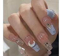 WOOXDYUK 24 pezzi French Long Press on Nails Sea Stars Moon False Finte Nails Press On Artificial Nails for Women Stick on Nail with Jelly Glue