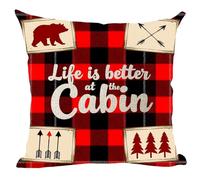 Word Art Quote Life Is Better At The Cabin Tree Bear Feather Arrows Wine Red Plaid Fodere Cuscino Square Federe Cuscini Elegante Copricuscino per Esterno Casa Salotto 45X45Cm