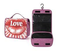 Word Love - Beauty case da viaggio da donna, con labbra rosse, organizer da appendere con gancio per shampoo