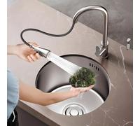 WORDFUN Lavello da Cucina 1 Vassoio, 30/36/40cm Lavello Rotondo in Acciaio Inox con Rubinetto Estraibile, Lavandino Vasca Singola con SistemaFognario, per Bagno, Esterno, Camper E Bar(32x32cm)