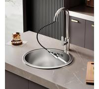 WORDFUN Lavello da Cucina in Acciaio Inox con Rubinetto Estraibile, Lavandino Rotondo Vasca Singola, Lavello sopra E Sottopiano, per Appartamenti, Ristoranti, Bar, Cucine, Lavanderia(36x36cm)