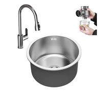 WORDFUN Lavello da Cucina Vasca Singola in Acciaio Inox, Lavello Rotondo Spessore 3mm, Silenzioso, con Rubinetto Estraibile, Lavandino sopra E Sottopiano, per Lavanderia, Bar, Esterno(28x28cm)