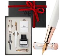 Wordsworth & Black Set di Penne Stilografiche, Pennino Medio e Extra Fine 18K Oro, Bottiglia Inchiostro Nero 25ML,6 Cartucce,Convertitore,Confezione Regalo-[Bianco Oro Rosa],Set per Uomini e Donne.