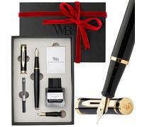 Wordsworth & Black Set di Penne Stilografiche, Pennino Medio e Extra Fine 18K Oro, Bottiglia Inchiostro Nero 25ML, 6 Cartucce, Convertitore, Confezione Regalo - [Nero Oro], Set per Uomini e Donne.