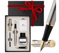Wordsworth & Black Set di Penne Stilografiche, Pennino Medio e Extra Fine 18K Oro, Bottiglia Inchiostro Nero 25ML, 6 Cartucce, Convertitore, Confezione Regalo - [Argento Oro], Set per Uomini e Donne.