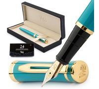 Wordsworth & Black Set di Penne Stilografiche, Pennino Medio Placcato 18K, 24 Cartucce d’Inchiostro, Convertitore di Ricarica d’Inchiostro & Scatola Regalo, Finitura Oro, Calligrafia, [Oro Turchese]