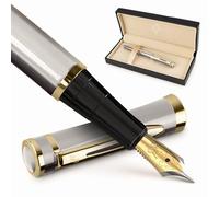 Wordsworth & Black Set di Penne Stilografiche, Pennino Medio Placcato Oro 18K, Confezione da 24 Cartucce d’Inchiostro, Un Convertitore per Ricarica, Scatola Regalo, Calligrafia [Argento Oro]
