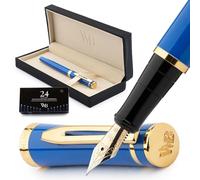 Wordsworth & Black - Set di penne stilografiche, punta extrafine, 24 cartucce di inchiostro, convertitore di ricarica dell'inchiostro e confezione regalo, finitura cromata, per calligrafia, blu