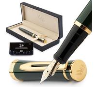 Wordsworth & Black - Set di penne stilografiche, punta extrafine, 24 cartucce d'inchiostro, convertitore di ricarica d'inchiostro e confezione regalo, finitura cromata, per calligrafia, verde da