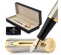 Wordsworth & Black Set di penne stilografiche sottili, con 6 cartucce d'inchiostro e un convertitore di ricarica di inchiostro, confezione regalo, per calligrafia, scrittura liscia, argento e oro