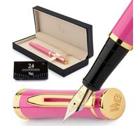 Wordsworth & Black Set penna stilografica, pennino medio dorato 18K, include 24 cartucce inchiostro, convertitore ricarica inchiostro e confezione regalo, finitura dorata, calligrafia [Rosa acceso]
