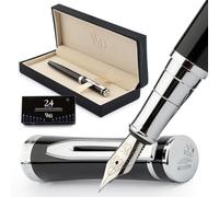 Wordsworth & Black Set penna stilografica, pennino medio, include 24 cartucce d'inchiostro e convertitore ricarica, confezione regalo, scrittura agenda, set calligrafia [cromato nero]
