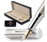 Wordsworth & Black Set Penna Stilografica, Pennino Piegato, Include 24 Cartucce D'inchiostro, Convertitore Di Ricarica Inchiostro E Confezione Regalo, Finitura Cromata, Calligrafia, [Argento Cromato]