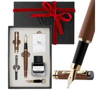 Wordsworth & Black's Set di Penne Stilografiche, Lusso Legno di Bambù - Pennino Medio, Pennino Extra Fine Custodia Regalo Boccetta di Inchiostro Nero da 25ML, 6 Cartucce di Inchiostro [Legno Marrone]