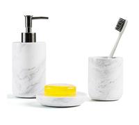 WORHE Set di accessori bagno in marmo naturale italiano, 3 pezzi kit accessori bagno con portaspazzolino dispenser sapone e portasapone, colore bianco (WH054)