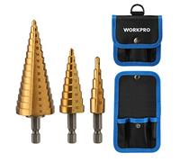 WORKPRO 3-Piece Step Drill Bit Set, 1/4" Hex Shank Quick Change High Speed Steel Titanium Coated Drill Bits for Plastic, Sheet Metal, Aluminum Hole Drilling, Well-Organized Bag Included,Metric