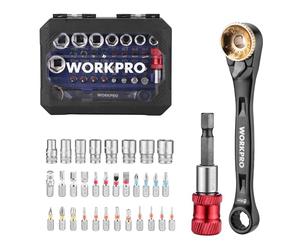 WORKPRO 34 Pezzi Mini Set Chiavi a Bussola con 1/4" Cricchetto a 72 Denti, Kit chiavi a bussola Portatile, 23 Punte in Acciaio S2, Ideale per Lavori Meccanici