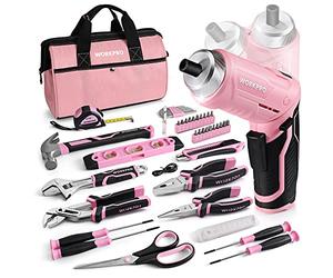 WORKPRO 53 pezzi Set di strumenti con 3.7V Cacciavite a batteria, Set Attrezzi Uso Riparazione e Lavoro con Pinza, Coltello, Cacciavite, Chiavi, Livella in Rosa