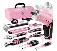 WORKPRO 73 pezzi Set di strumenti con 3.7V Cacciavite a batteria, Set Attrezzi Uso Riparazione e Lavoro con Pinza, Coltello, Cacciavite, Chiavi, Livella in Rosa