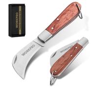 WORKPRO Coltello da Elettricista Pieghevole con Lama Curva in Acciaio Inox, Manico in Legno, Ghiera Rinforzata, Anello per Laccio e Incavo per Unghia, Ideale per Spellare Cavi, Giardinaggio e Outdoor
