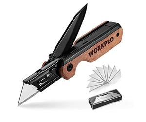 WORKPRO Coltello Multiuso 2 in 1, Taglierino e Coltellino Tascabile con Manico in Legno e Clip da Cintura, Incluse 10 Lama SK5 di Ricmabio, Adatto per Lavori di Taglio Interni ed Esterni