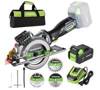 WORKPRO Mini Sega Circolare 20V per Legno, Sega Circolare Senza Fili con Batteria 4.0Ah e Caricabatterie, 3 Lame, 4500 giri/min, Guida Laser, Taglio 43mm (90°)/28mm (45°)