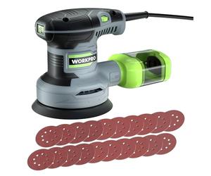 WORKPRO Orbitale 125mm, Rotorbitale 300W 7000-13000 OPM, Eccentrica con Aspirazione e Contenitore Polvere, 20 Pezzi Carta Abrasiva