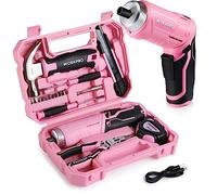 WORKPRO Set 18 di Attrezzi Rosa con Cacciavite a Batteria da 3,7V, Cassetta Attrezzi Completa con 10 Punte, Coltello, Martello, Cacciavite di Precisione, Metro a Nastro, Pinze a Becchi Lunghi