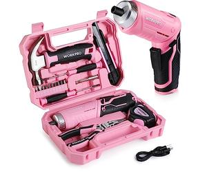WORKPRO Set 18 di Attrezzi Rosa con Cacciavite a Batteria da 3,7V, Cassetta Attrezzi Completa con 10 Punte, Coltello, Martello, Cacciavite di Precisione, Metro a Nastro, Pinze a Becchi Lunghi