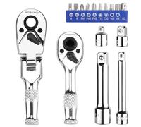 WORKPRO Set 2 Mini Chiavi a Cricchetto con Inserti (16 Pezzi), Modello 1/4" a Doppia Testa e 3/8" Corta con Testa Flessibile, Prolunga 75mm e Adattatori