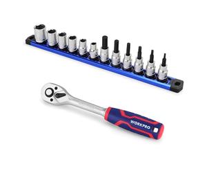 WORKPRO Set a Bussola e Cricchetto da 14 Pezzi, con Chiavi a Bussola Metriche ed Esagonali, con Organizer Magnetico e Cricchetto a Sgancio Rapido da 3/8 Pollici, per Riparazione Auto