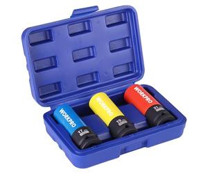 WORKPRO Set Bussole Bulloni Ruota, 3 pezzi, con Protezione, Attacco 1/2", Parete Sottile, Acciaio Cr-Mo, 17/19/21 mm, con Scatola Conservazione
