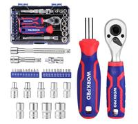 WORKPRO Set di 34 Bussole e Bit, Chiave a Cricchetto da 1/4" e Cacciavite Magnetico a Inserti, Testa Doppia 2-in-1, Prolunghe e Snodo Universale, Custodia Compatta per Spazi Ristretti