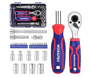 WORKPRO Set di 34 Bussole e Bit, Chiave a Cricchetto da 1/4" e Cacciavite Magnetico a Inserti, Testa Doppia 2-in-1, Prolunghe e Snodo Universale, Custodia Compatta per Spazi Ristretti