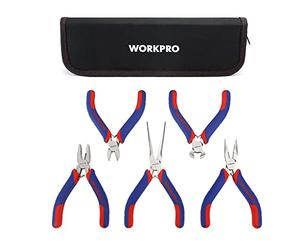 WORKPRO Set di 5 Mini Pinze di Precisione con Custodia per il Trasporto | Acciaio al Carbonio, Impugnature Antiscivolo in TPR, per Bigiotteria, Elettronica, Artigianato