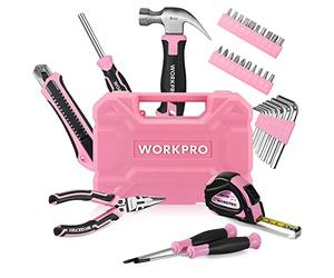 WORKPRO Set di Attrezzi Rosa da 35 Pezzi, Cassetta Attrezzi Completa 35 in 1 con Coltello, Martello, Pinze, Cacciavite, Metro a Nastro, Chiave a Brugola, Perfetto per Tutti i Lavori a Casa e Ufficio