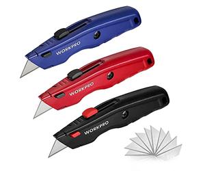 WORKPRO Set di Coltello di Sicurezza 3 Pezzi, Coltello Retrattile, Coltello Taglierino con 10 Lama di Ricambio a Cambio Rapido, Nero/Rosso/Blu