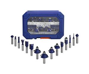 WORKPRO Set Frese per Legno 15 Pezzi, Codolo 8mm, Set di Punte per Router in Metallo Duro con Scatola di Plastica