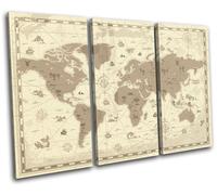 World Map Atlas Globe Sea Creatures Vintage Retro Cream Brown Canvas Art Print