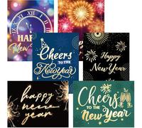 WorldBazaar Confezione da 24 biglietti di auguri di buon anno con buste, biglietti di auguri per Capodanno, fogli dorati, biglietti per le vacanze, per familiari, amici, scuola aziendale, insegnante