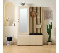 Worletty Armadio combinato con specchio e panchina - Moderno set di mobili da corridoio con asta appendiabiti estraibile, portascarpe 4 ganci e panca imbottita